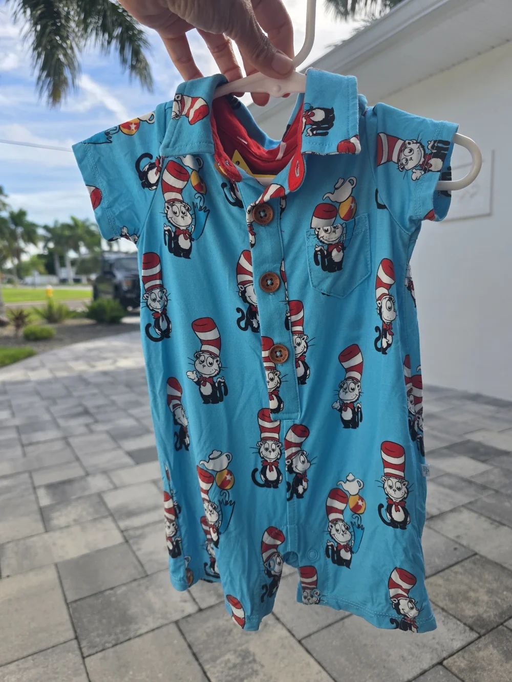 POSH PEANUT BAMBOO Dr. Seuss Bright Blue Cat In the Hat Short Pajama Romper